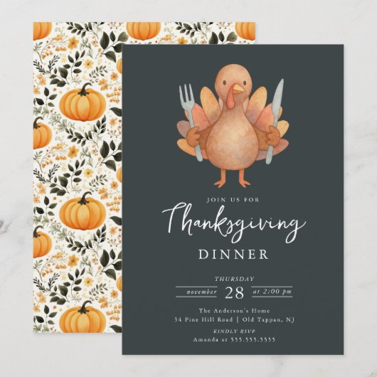 Cute Turkey Thanksgiving Dinner Invitation Kaart (Voorkant / Achterkant)
