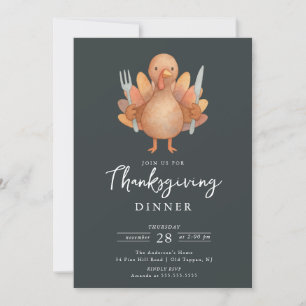 Cute Turkey Thanksgiving Dinner Invitation Kaart