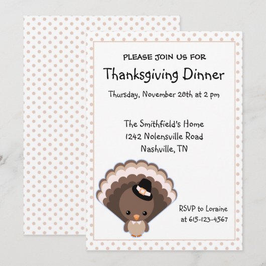 Cute Turkey Thanksgiving Dinner Kaart (Voorkant / Achterkant)