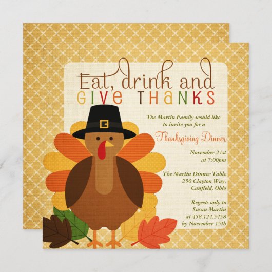 Cute Turkey Thanksgiving Dinner Kaart (Voorkant / Achterkant)