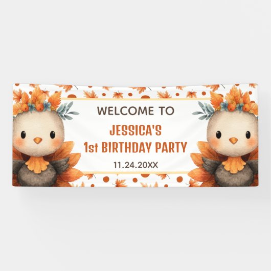 Cute Turkey Thanksgiving Fall 1st Birthday WELCOME Spandoek (Horizontaal)