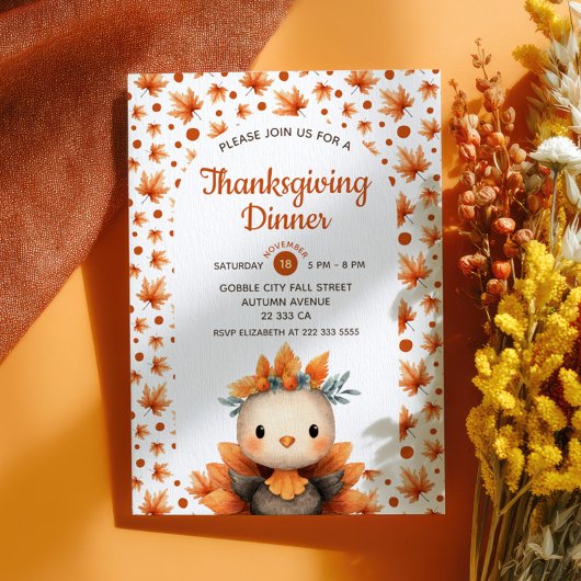 Cute Turkey with Fall Foliage Thanksgiving Dinner  Kaart