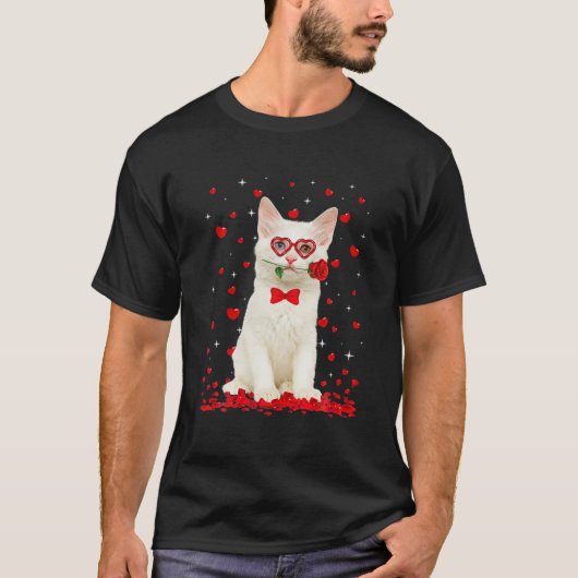 Cute Turkish Angora Cat Glasses Heart Flower Valen T-shirt (Voorkant)