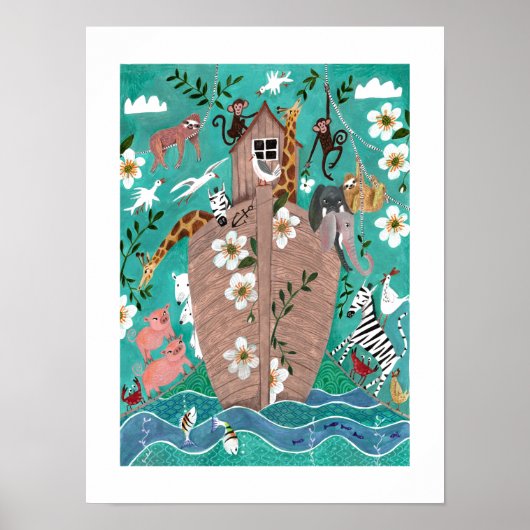 Cute turquoise blauwe kinder ark van Noach kindere Poster (Voorkant)
