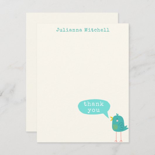 Cute Turquoise Blue Bird Custom Name Bedankkaart (Voorkant / Achterkant)