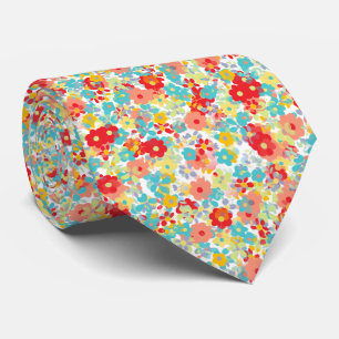 Cute Turquoise Blue Yellow Red Summer Floral Stropdas