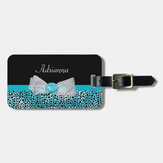 Cute Turquoise Cheetah Print Frilly Bow and Name Bagagelabel (Voorkant horizontaal)