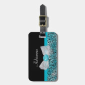 Cute Turquoise Cheetah Print Frilly Bow and Name Bagagelabel (Voorkant verticaal)