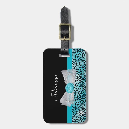 Cute Turquoise Cheetah Print Frilly Bow and Name Bagagelabel (Voorkant verticaal)