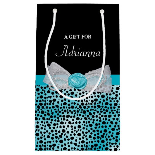 Cute Turquoise Cheetah Print Frilly Bow and Name Klein Cadeauzakje (Voorkant)