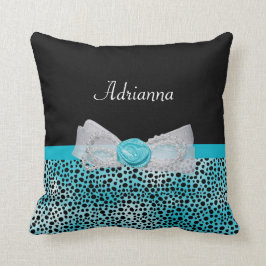 Cute Turquoise Cheetah Print Frilly Bow and Name Kussen
