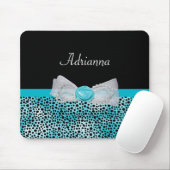 Cute Turquoise Cheetah Print Frilly Bow and Name Muismat (Met muis)