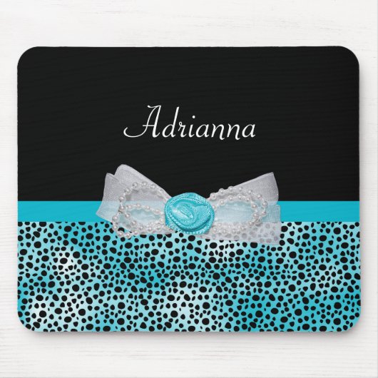 Cute Turquoise Cheetah Print Frilly Bow and Name Muismat (Voorkant)