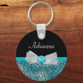 Cute Turquoise Cheetah Print Frilly Bow and Name Sleutelhanger (Voorkant)
