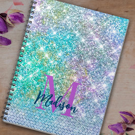 Cute Turquoise eenhoorn nep glinster monogram Notitieboek