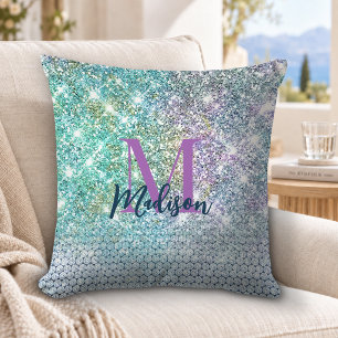 Cute turquoise eenhoorn nep glitters monogram kussen