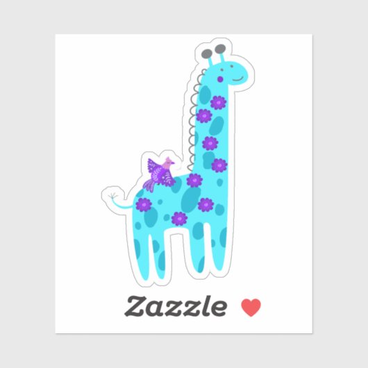 Cute Turquoise Giraffe Paarse Folk Art Bird Laptop Sticker (Vel)