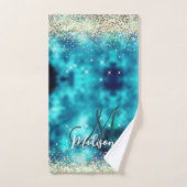 Cute turquoise gold faux glitter monogram bad handdoek (Handdoek)