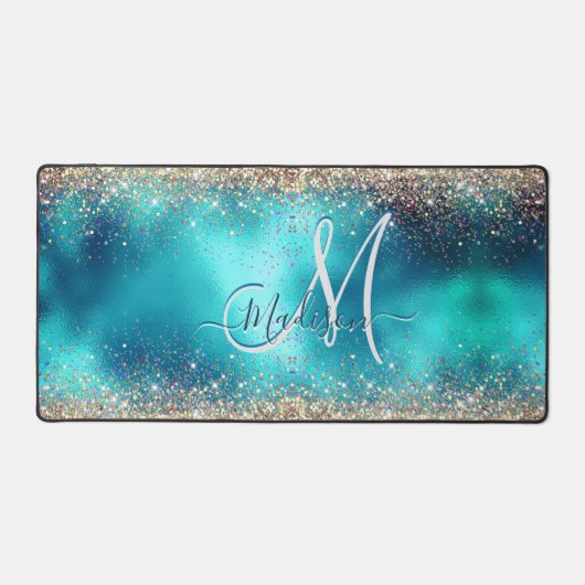 Cute turquoise gold faux glitter monogram bureaumat (Voorkant)