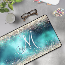 Cute turquoise gold faux glitter monogram