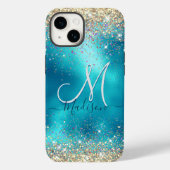 Cute turquoise gold faux glitter monogram Case-Mate iPhone case (Achterkant)