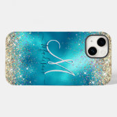 Cute turquoise gold faux glitter monogram Case-Mate iPhone case (Achterkant (horizontaal))