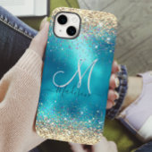 Cute turquoise gold faux glitter monogram Case-Mate iPhone case