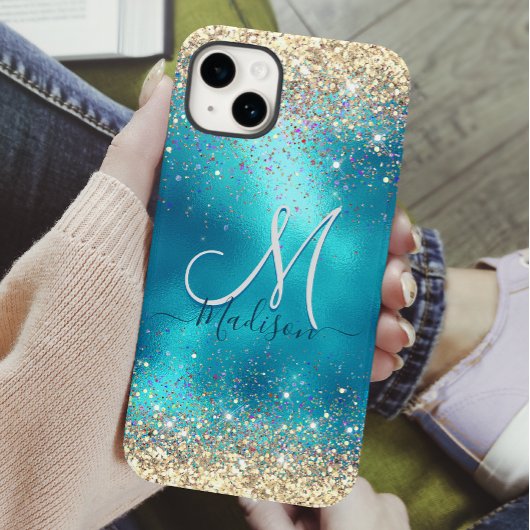 Cute turquoise gold faux glitter monogram Case-Mate iPhone case