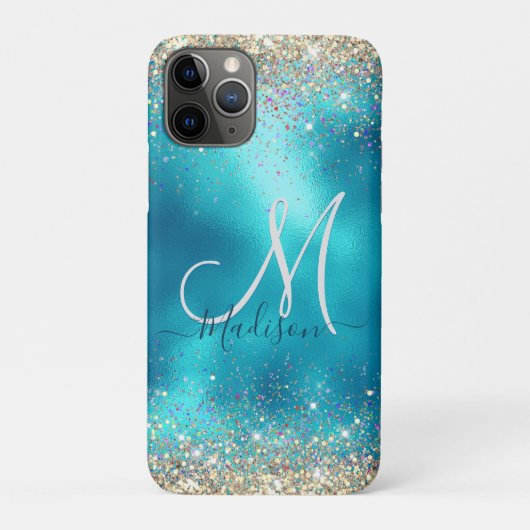 Cute turquoise gold faux glitter monogram Case-Mate iPhone case (Achterkant)