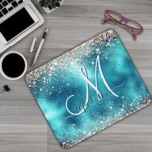Cute turquoise gold faux glitter monogram muismat