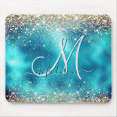 Cute turquoise gold faux glitter monogram muismat (Voorkant)