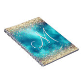 Cute turquoise gold faux glitter monogram notitieboek (Rechterzijde)