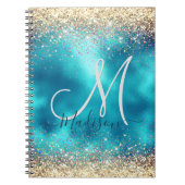 Cute turquoise gold faux glitter monogram notitieboek (Voorkant)