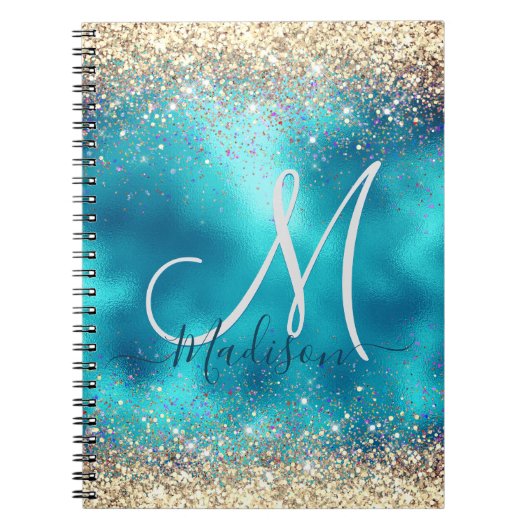 Cute turquoise gold faux glitter monogram notitieboek (Voorkant)