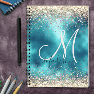 Cute turquoise gold faux glitter monogram notitieboek