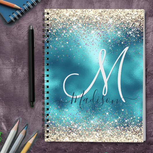Cute turquoise gold faux glitter monogram notitieboek