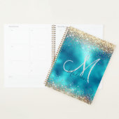 Cute turquoise gold faux glitter monogram planner (Display)