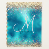 Cute turquoise gold faux glitter monogram planner (Voorkant)