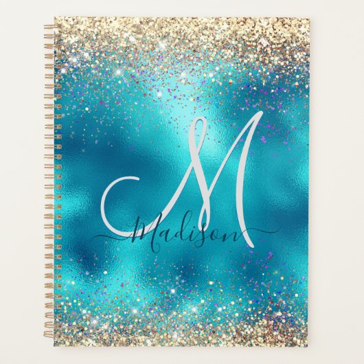 Cute turquoise gold faux glitter monogram planner (Voorkant)