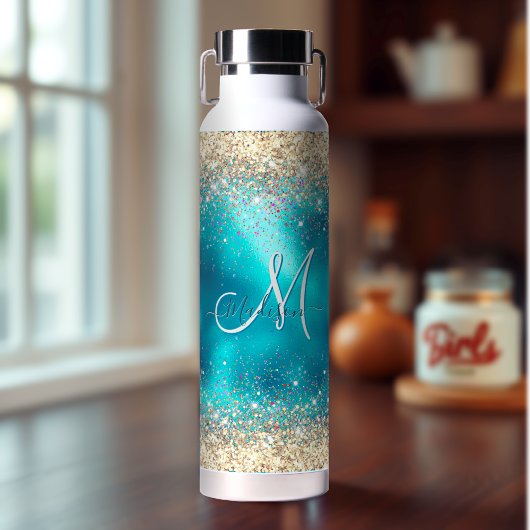 Cute turquoise gold faux glitter monogram waterfles