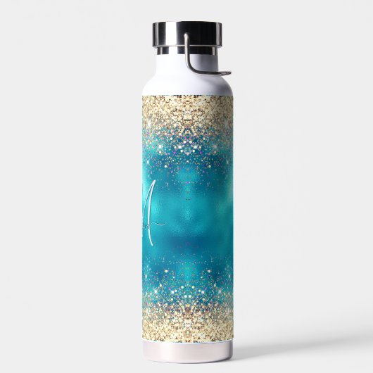 Cute turquoise gold faux glitter monogram waterfles (Links)