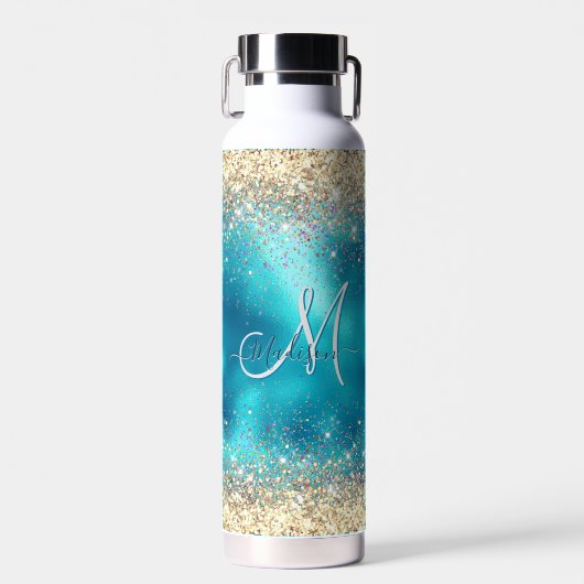 Cute turquoise gold faux glitter monogram waterfles (Voorkant)