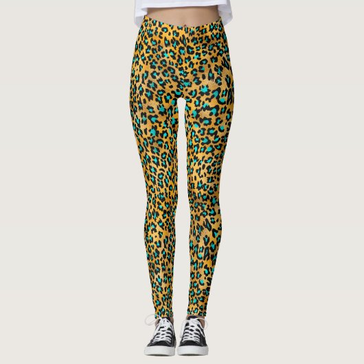 Cute Turquoise/Gold Leopard Print Leggings (Voorkant)