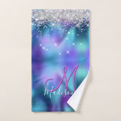 Cute turquoise paarse faux glitter monogram bad handdoek (Handdoek)