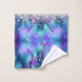 Cute turquoise paarse faux glitter monogram bad handdoek (Wasdoekje)