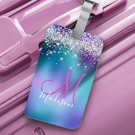 Cute turquoise paarse faux glitter monogram bagagelabel