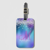 Cute turquoise paarse faux glitter monogram bagagelabel (Voorkant (verticaal))