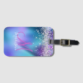 Cute turquoise paarse faux glitter monogram bagagelabel (Voorkant (horizontaal))