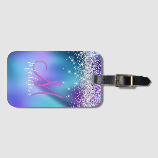 Cute turquoise paarse faux glitter monogram bagagelabel (Voorkant (horizontaal))