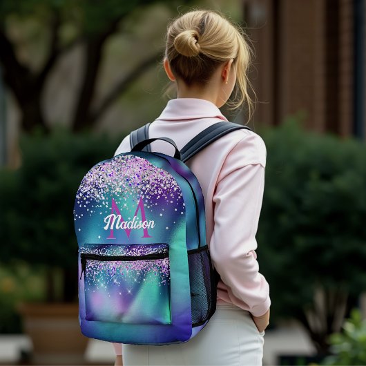 Cute turquoise paarse faux glitter monogram bedrukte rugzak